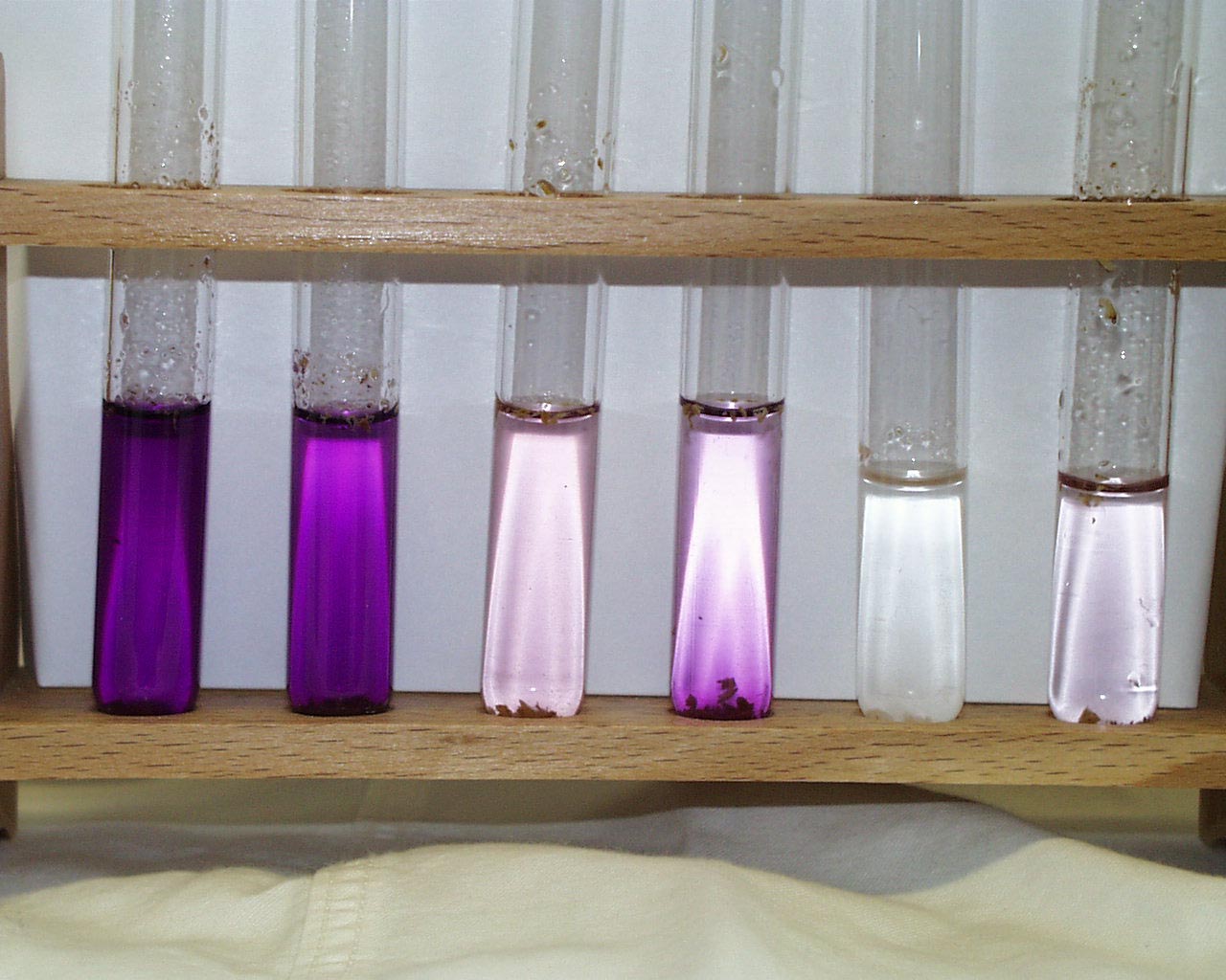 Foto von Reagenzglsern im Halter. Von links nach rechts nimmt die Frbungsintensitt (violette Farbe)  ab